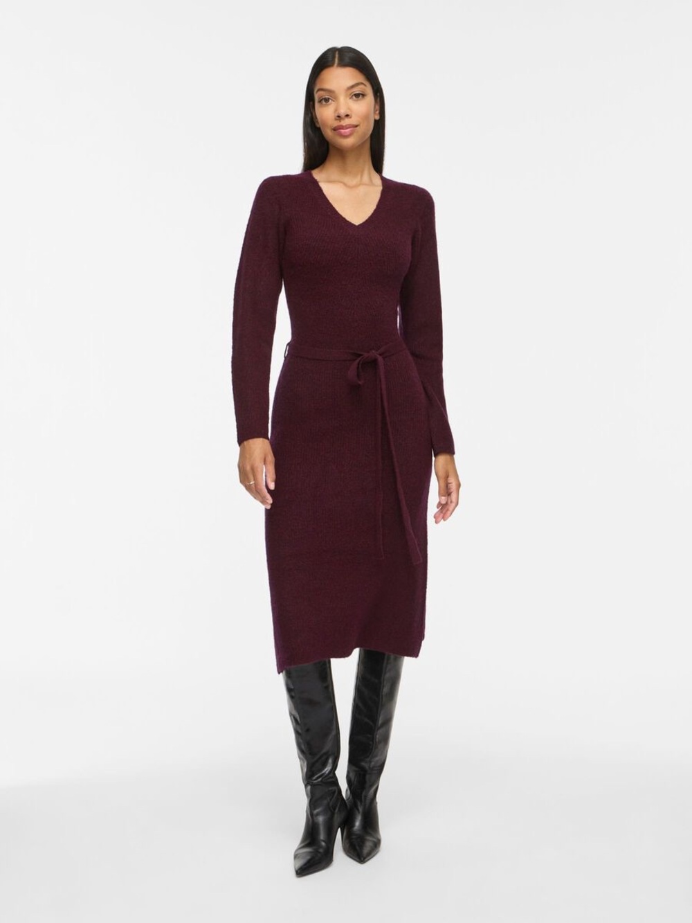 NWT DKNY Burgundy V-Neck Knit Midi Sweater Dress With Belt - Size Medium